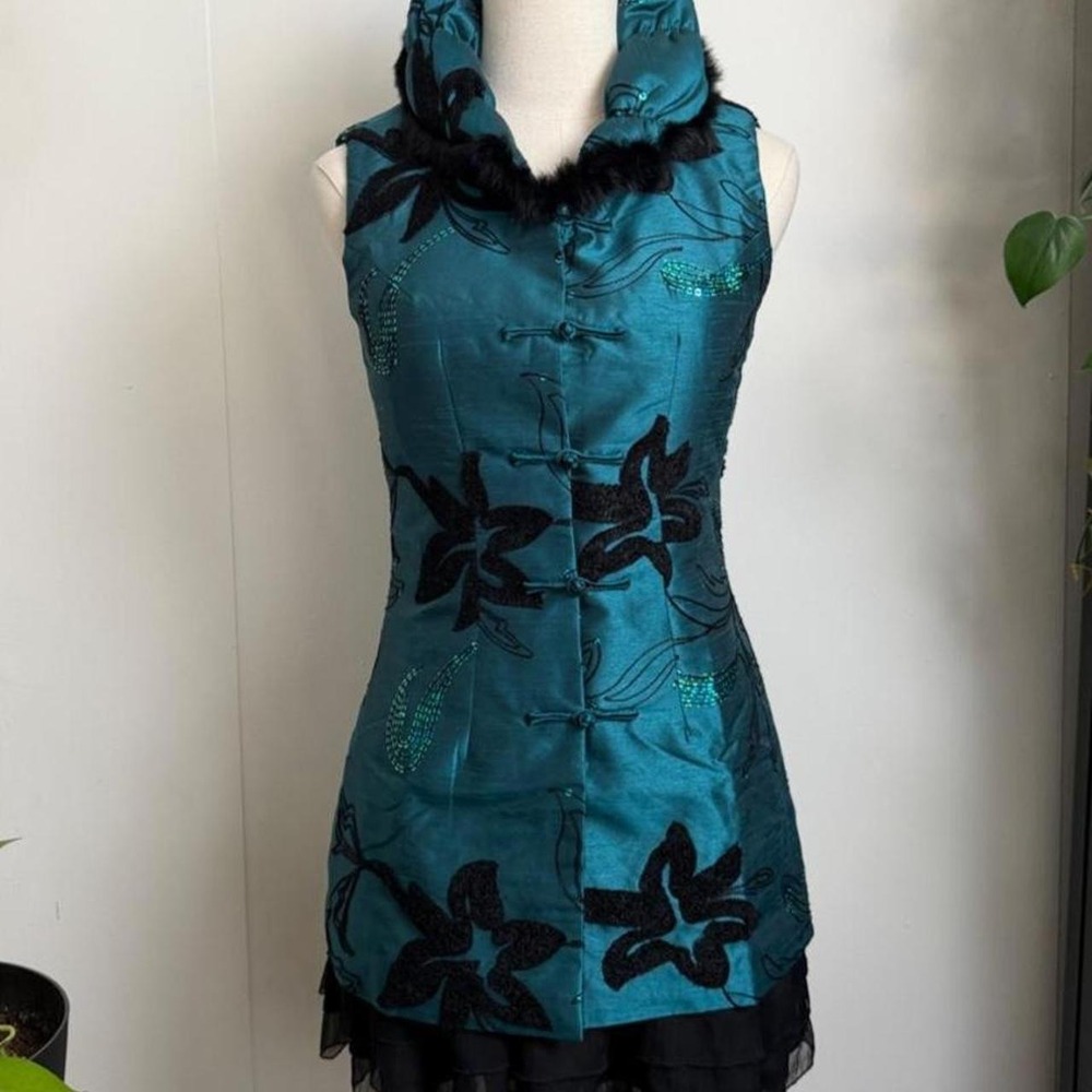 Teal Floral Embroidered Tunic Vest Fur Collar Frog Closure Asian Style Medium
